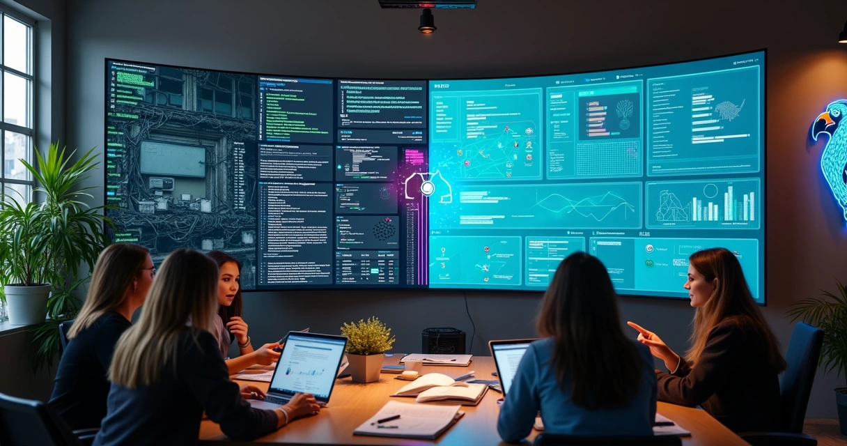 Divisão visual entre sistema legado antigo e plataforma no-code moderna em tela gigante 