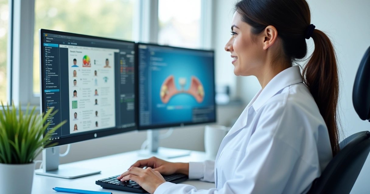 Profissional migrando dados no computador em consultório odontológico 