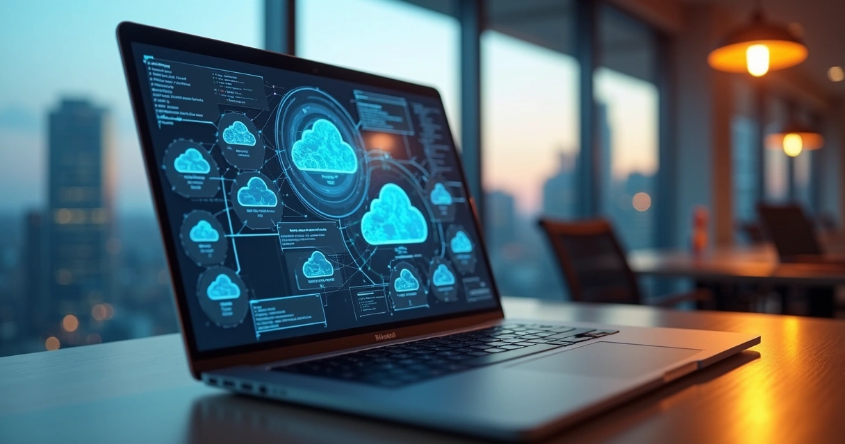 Computador com tela exibindo diagramas de arquitetura de microsserviços e nuvem ao fundo 