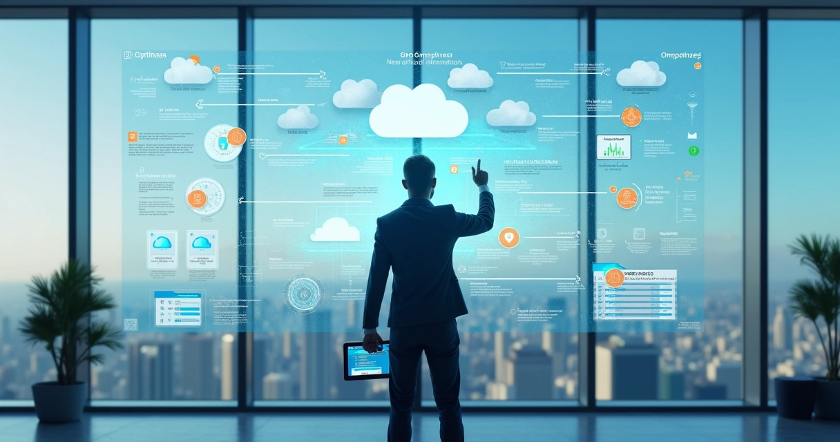 Profissional de TI analisando migração de sistemas para nuvem em painel digital 