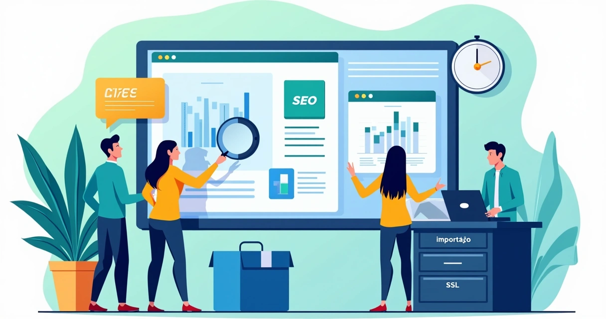 Equipe de TI migrando site com painel de controle e destaque em carregamento rápido 