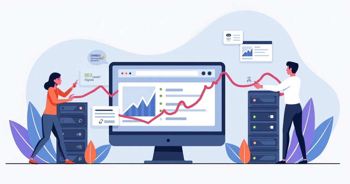 Ilustração de migração de site protegendo o SEO e mantendo gráficos de tráfego em alta 