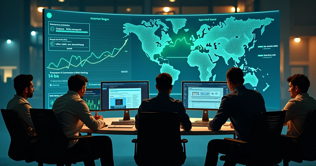 Equipe técnica monitorando migração de site em múltiplos monitores com gráfico de SEO estável 