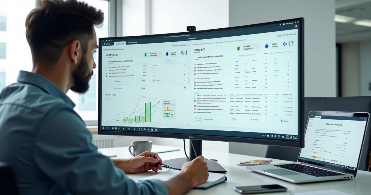 Profissional analisando migração de site com gráficos de SEO na tela 