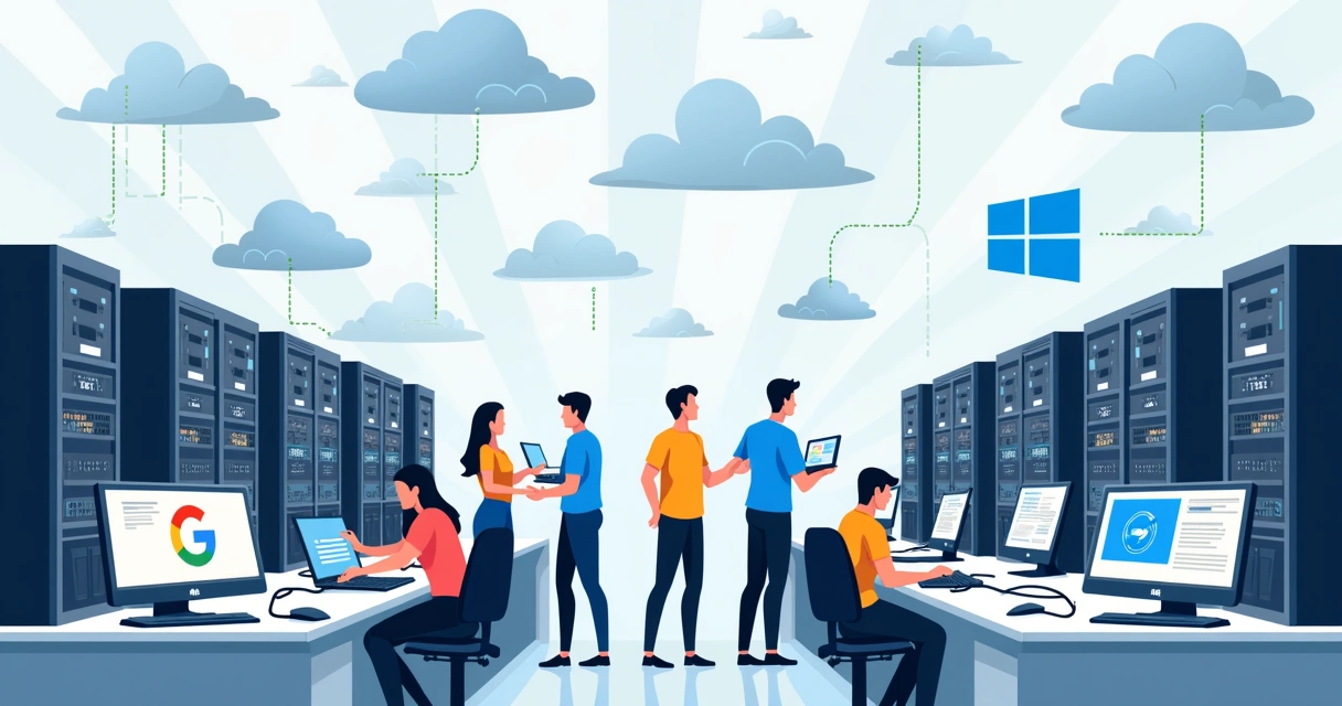 Time de TI migrando computadores numa empresa 