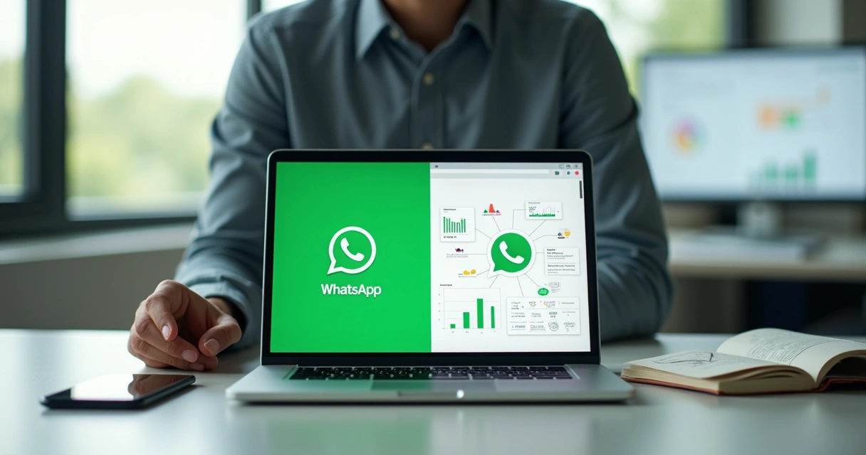 Empresário escolhendo entre WhatsApp Business e API oficial em painel digital 