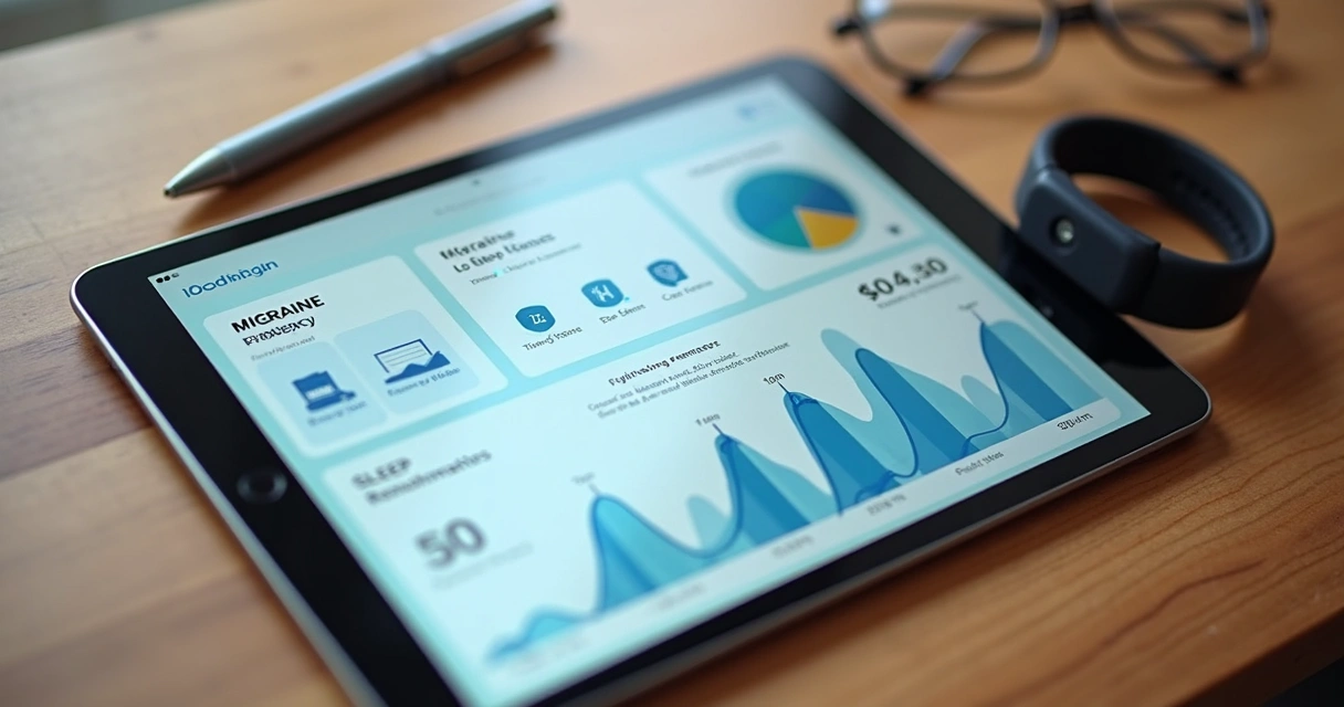 Tablet screen showing migraine and stress tracking dashboard 