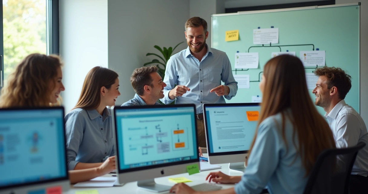 European SME team celebrating successful migration to custom software 