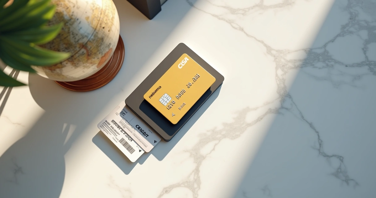 Cartão de crédito moderno ao lado de um globo terrestre e passagens aéreas 