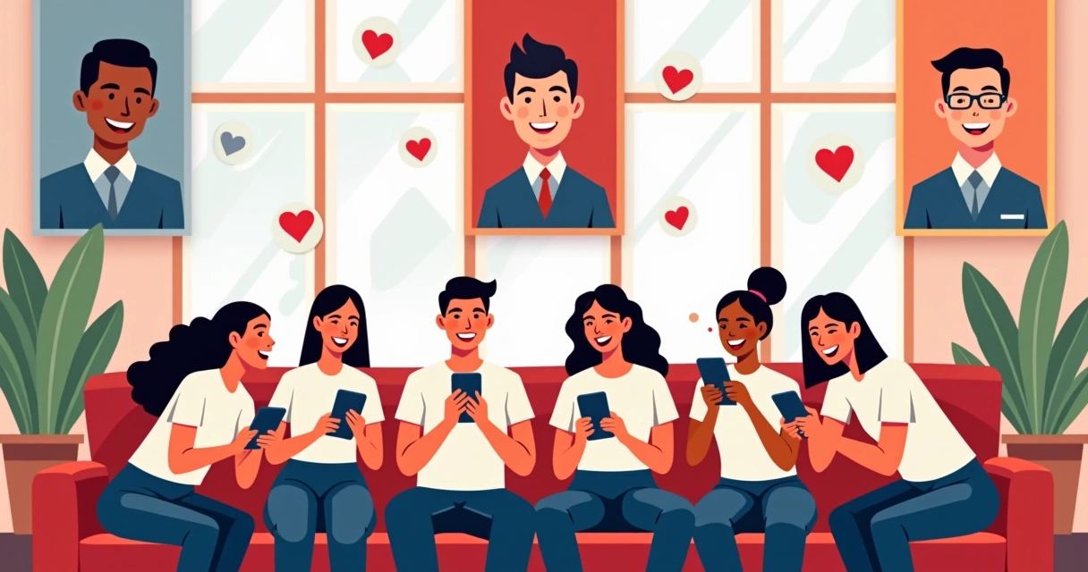 Voluntários de campanha compartilhando posts em smartphones e sorrindo 