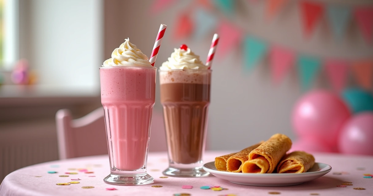 Milkshake de morango e milkshake de chocolate ao lado de crepes doces 