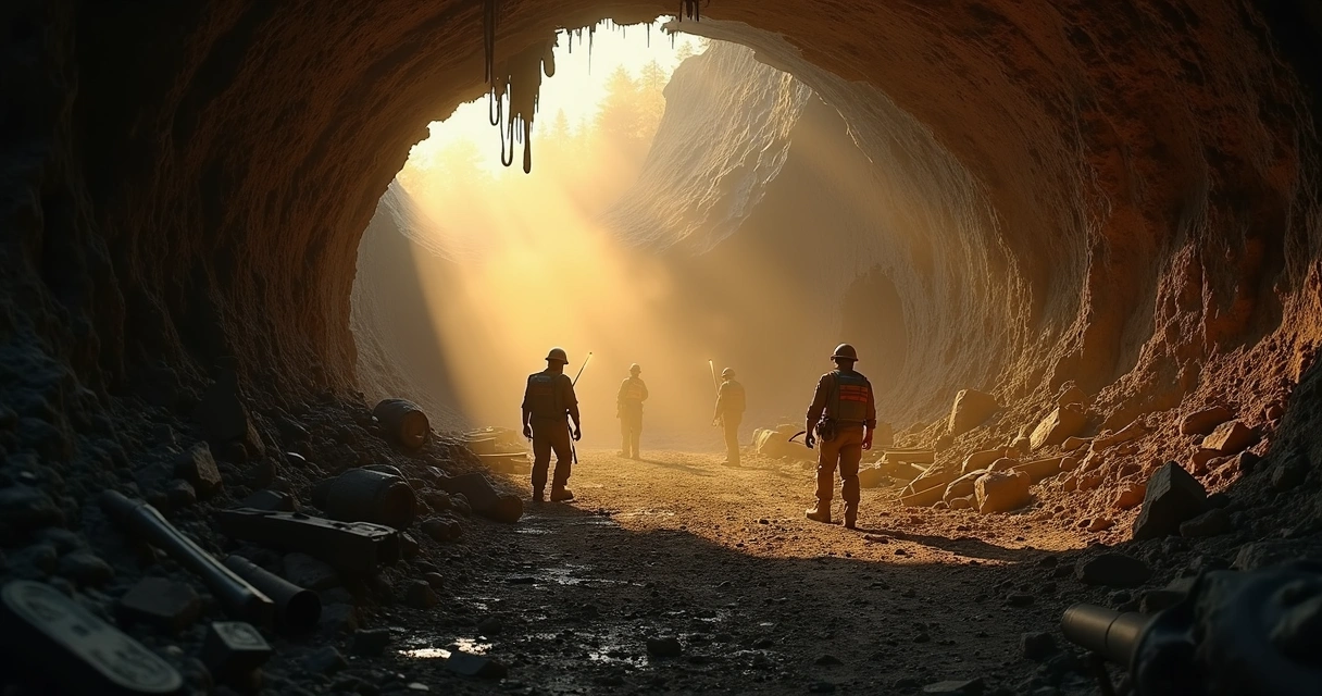Mineração subterrânea colapso estrutura labirinto escuro 