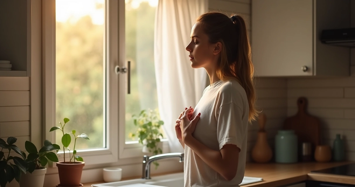 Person pausing with hand on chest in daily reflection