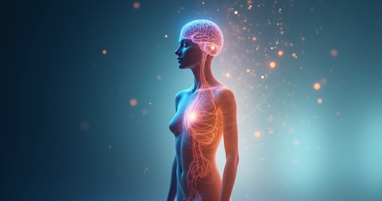 Human silhouette blending brain and body elements in a flowing abstract scene 