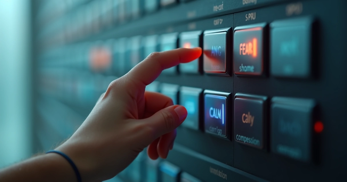 Hand reaching toward a wall of colored emotional switches 