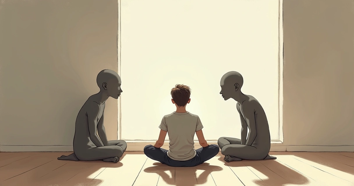 Illustration of a person sitting quietly with two shadow figures, one comforting and one critical, symbolizing internal dialogue 