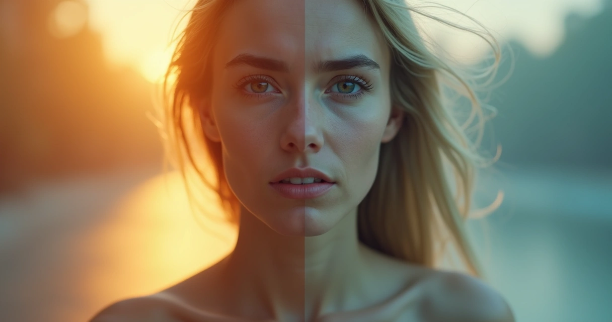 Abstract representation showing a split human silhouette, one side colorful and vivid, the other faded and blurred 