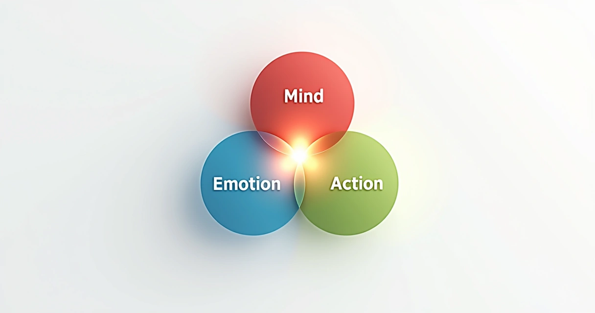 Diagram shows mind, emotion, and action overlapping in balance. 