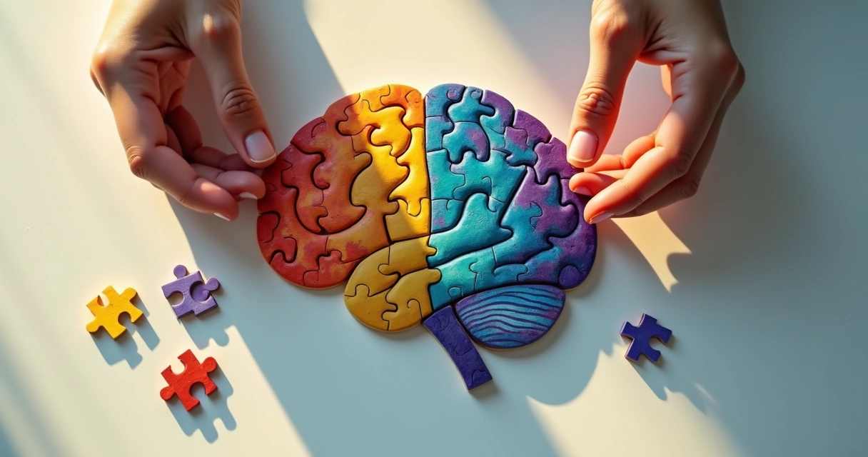 Hands assembling a colorful brain-shaped jigsaw puzzle