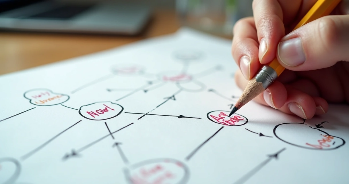 Hand drawing a mind map on paper with pencil.
