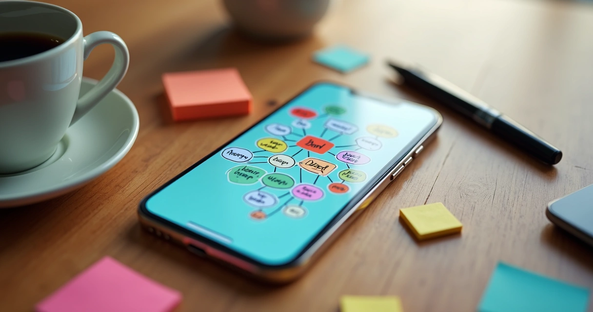 Mobile phone displaying a colorful mind map with connected bubbles 