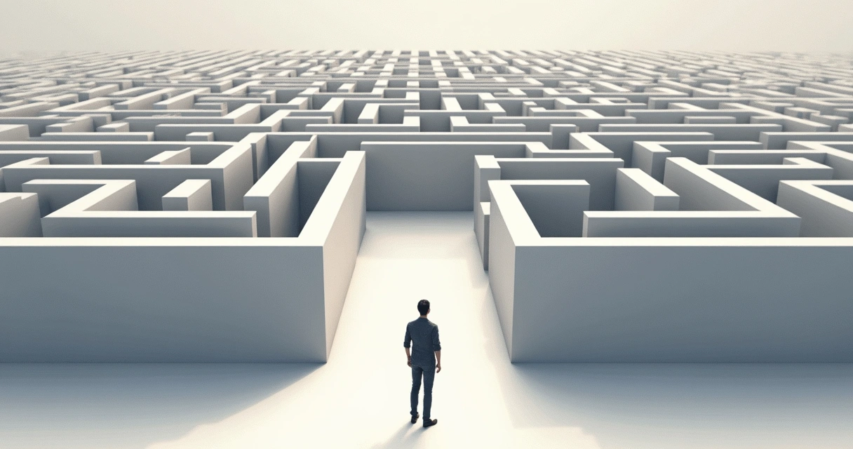 Illustration of a person standing at the entrance of a maze, appearing thoughtful