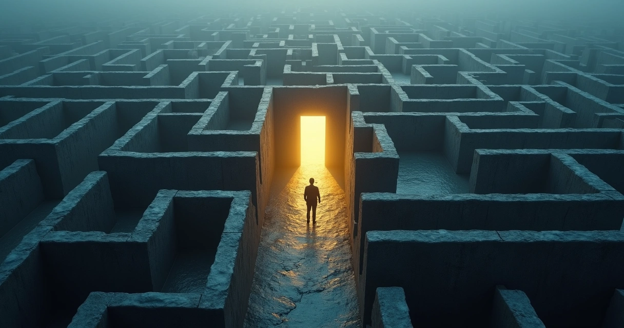 Human silhouette in a maze with an open exit at the center, showing a path leading from complexity to clarity. 