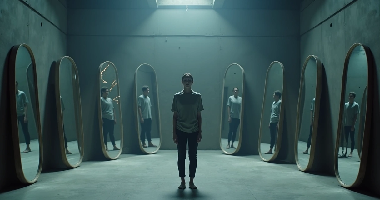 Person surrounded by fractured mirrors reflecting repeated emotional expressions 