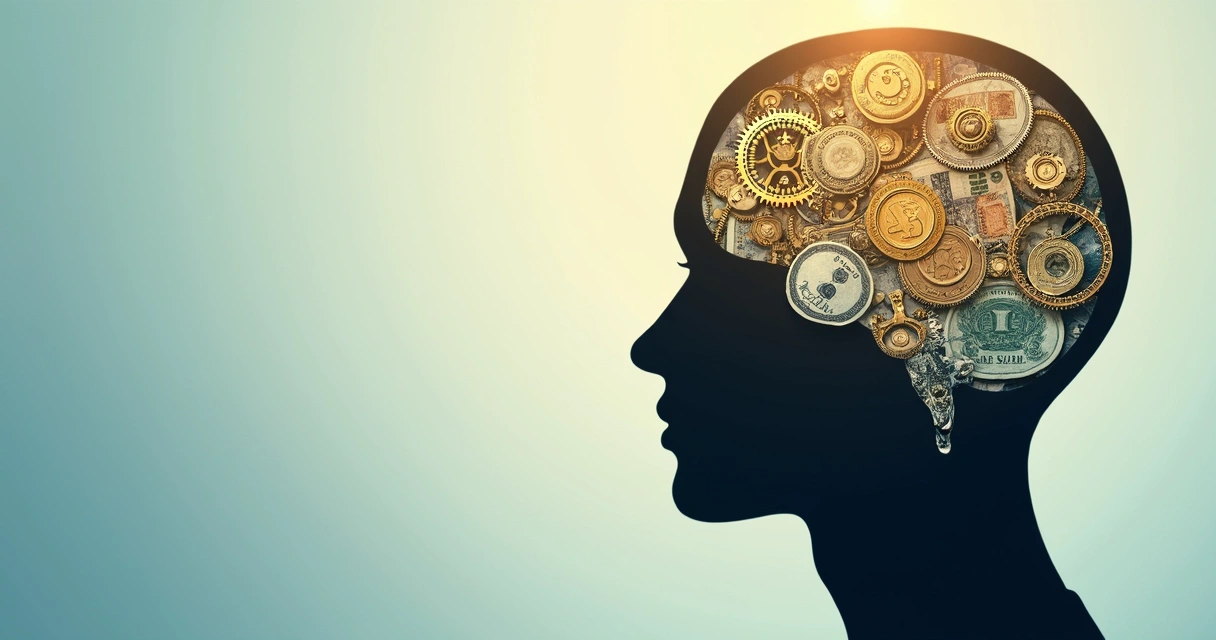 Human head silhouette with gears and banknotes representing mindset and money. 