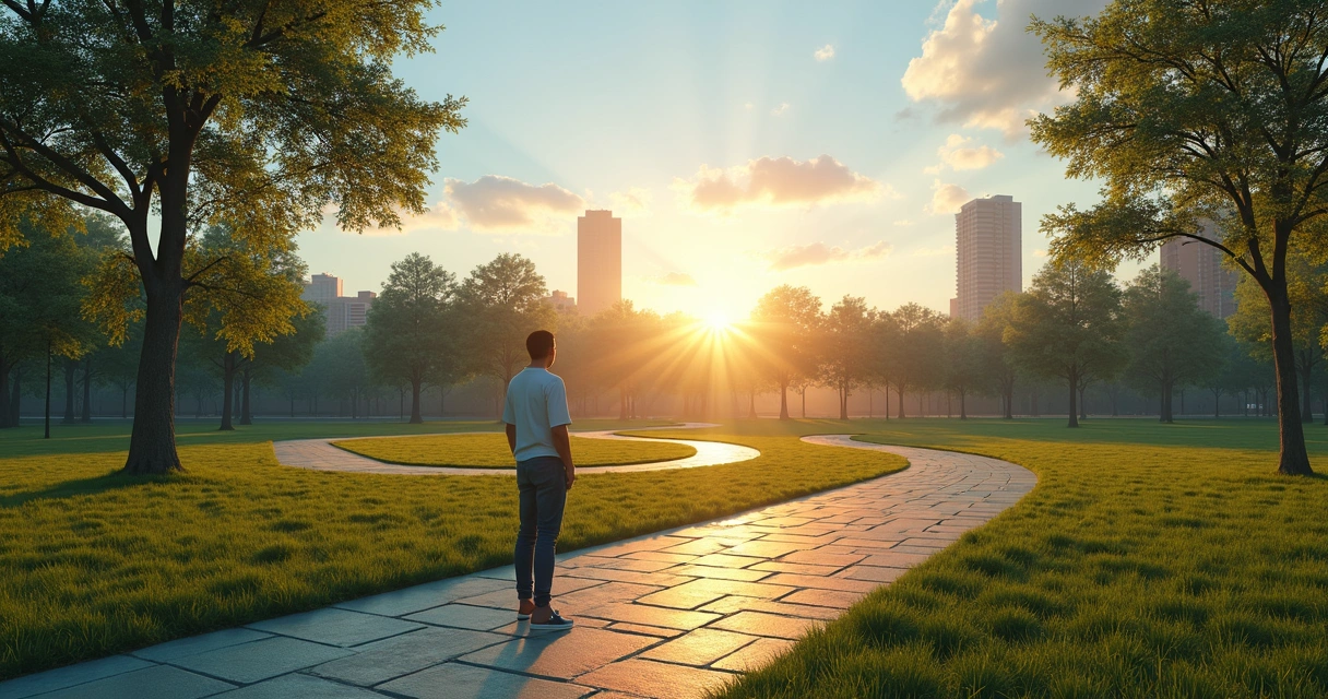 Person in a park choosing between several winding paths made of colorful tiles 