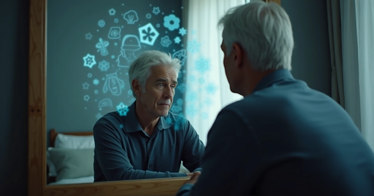 Person reflecting in front of a mirror with inner thoughts visualized as patterns in the background 