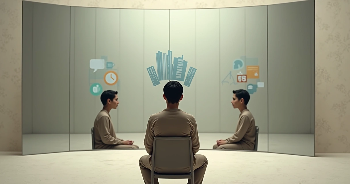 Person looking at layered reflections representing internalized social norms 