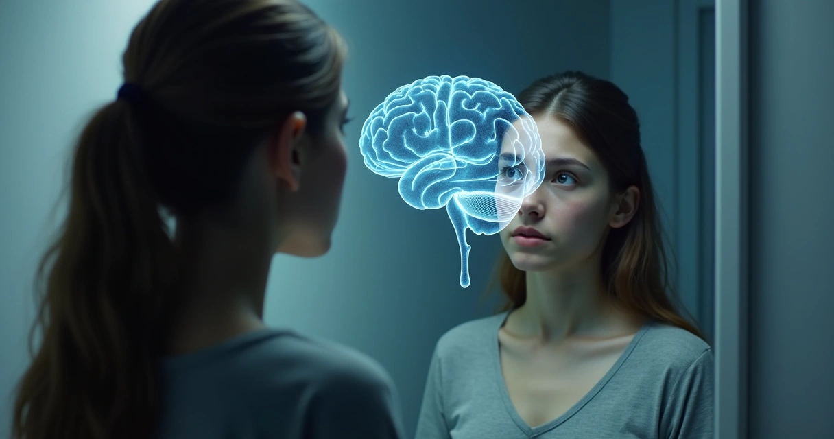 Woman looking at her reflection in a mirror with an abstract brain overlay 