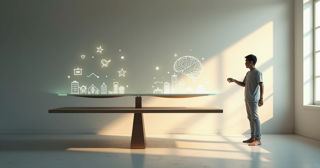 Person adjusting glowing value symbols on a suspended mental scale 