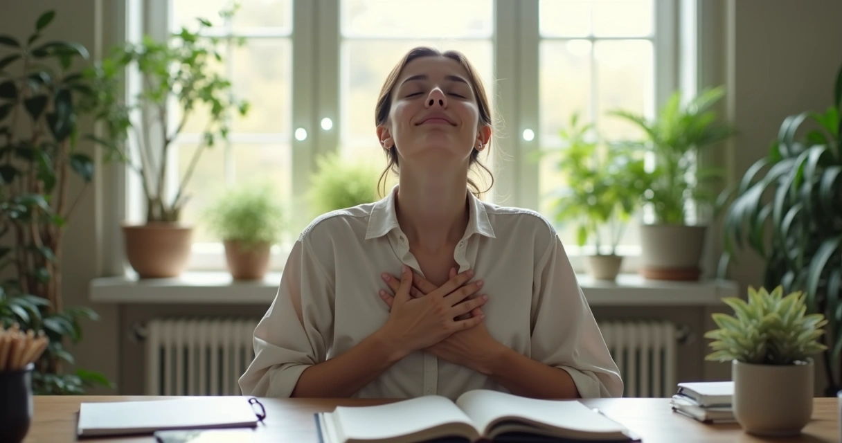 Person practicing mindfulness at office desk 