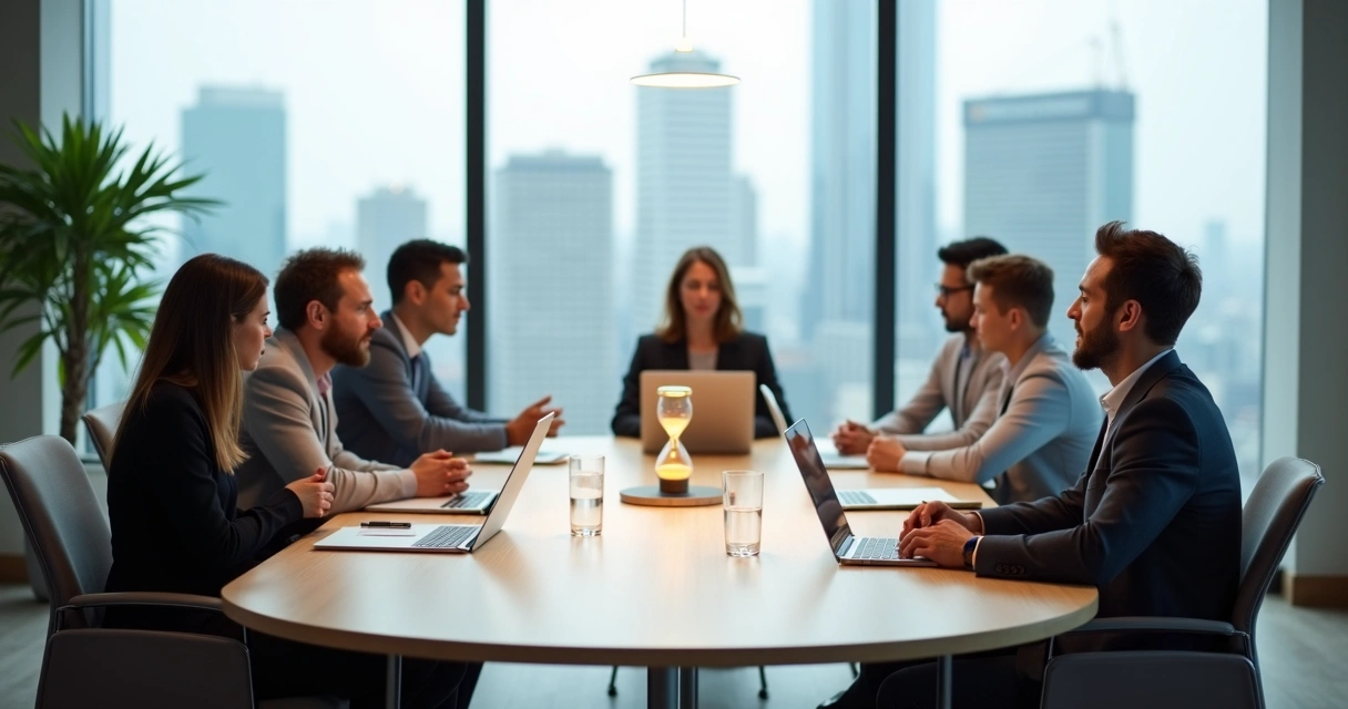 Executive team sitting in a circle around a wooden table, eyes closed in a brief mindfulness pause 