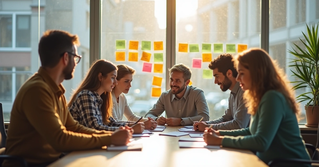 People brainstorming mindfully in modern office 