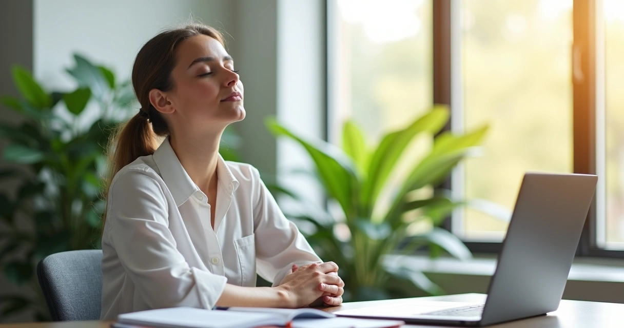 Person taking a mindful break in a bright office 