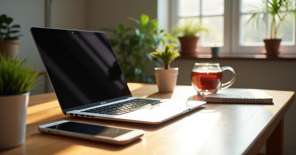 Desk with notebook, phone on silent, and plant by sunlit window