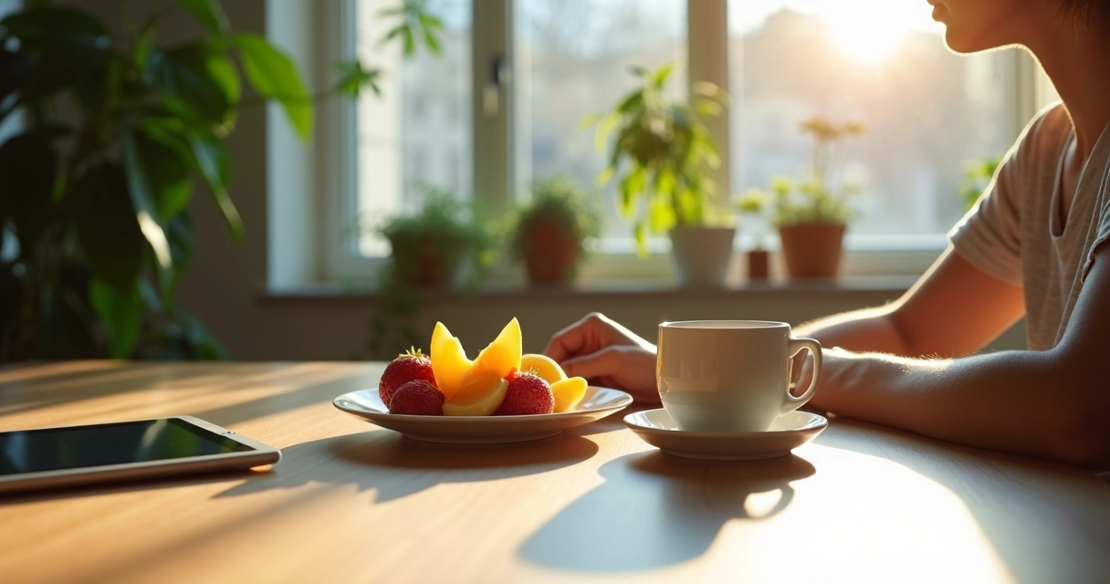 Person having a mindful breakfast at a clean table 