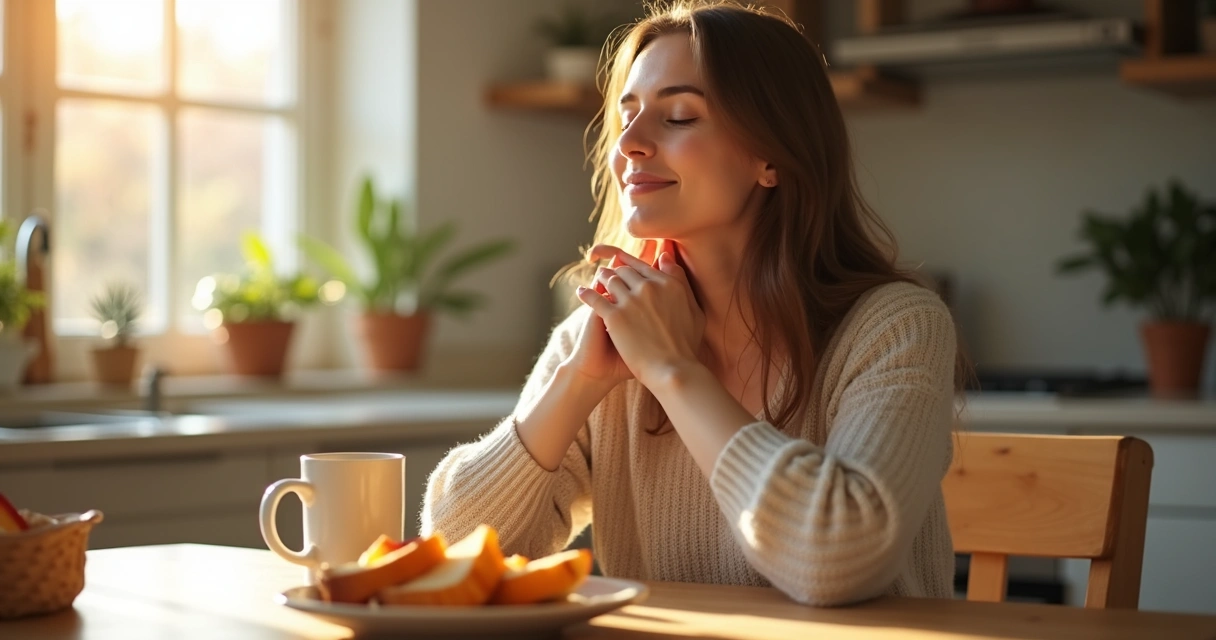 Person enjoying breakfast mindfully at a tidy kitchen table. 