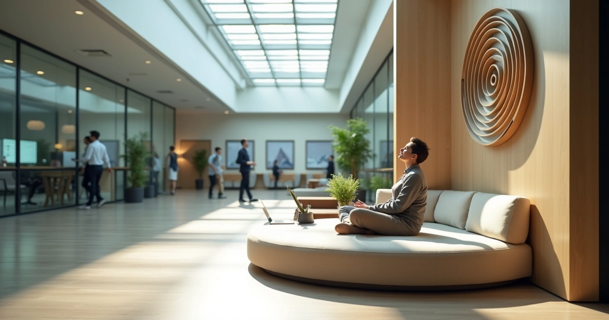 Professional taking a quiet mindful break in circular seating area at modern office 