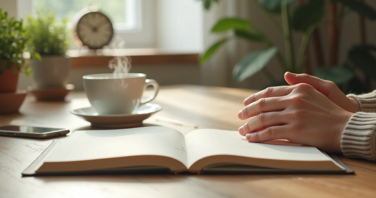 Notebook, tea, and hands resting during a mindful breathing pause