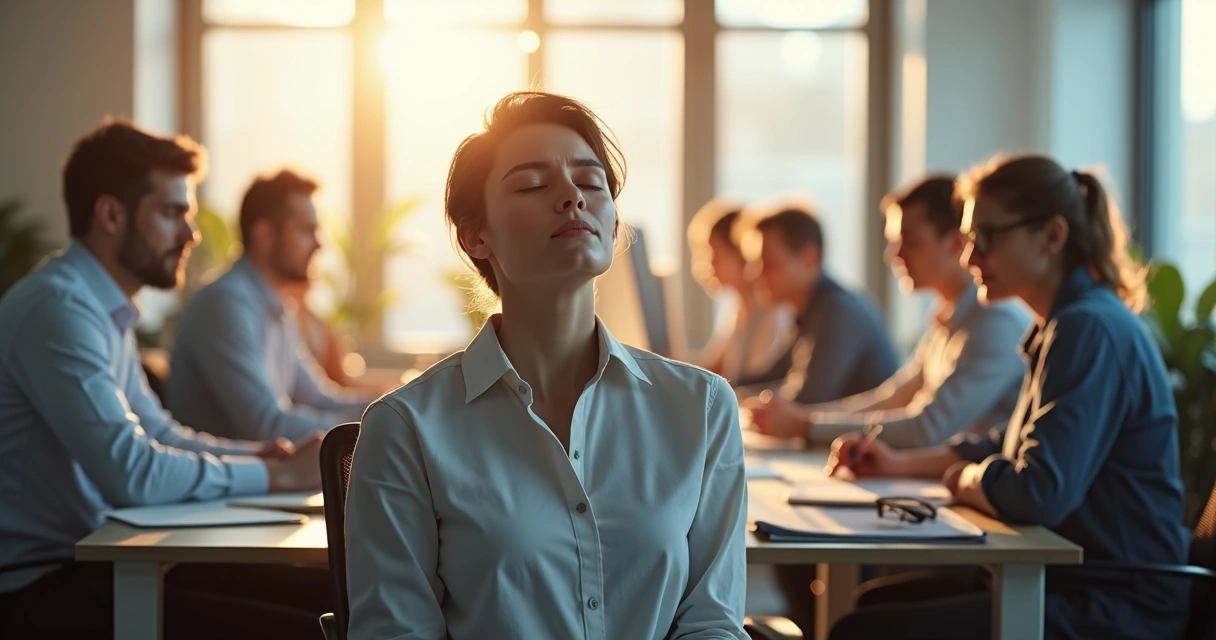 Worker in office pausing at desk with eyes closed taking slow breath