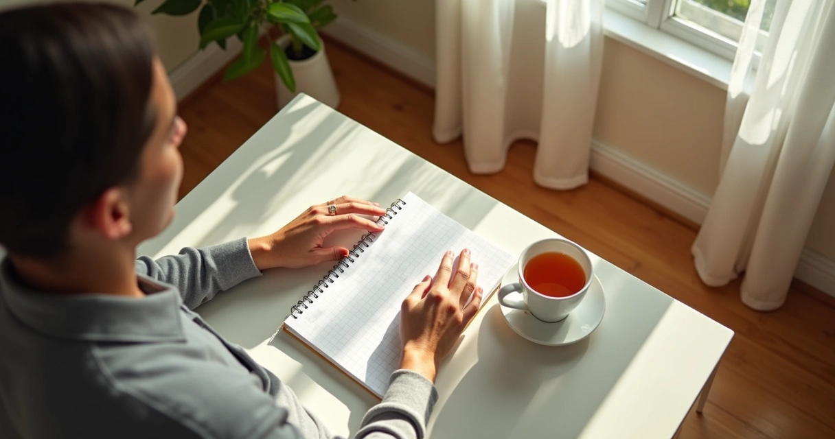 Person taking a mindful breath while sitting at a desk 