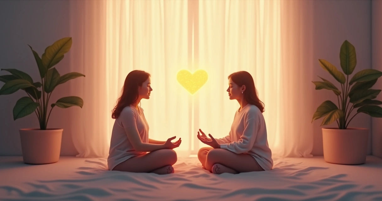 Two people talking openly in a calm environment with symbols of mindfulness and open hearts around them