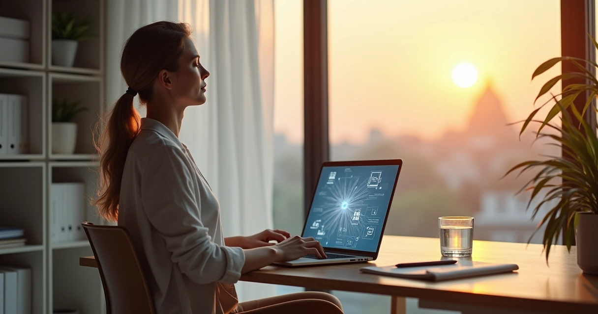 Person practicing mindful breathing at desk with branching decision paths on screen 