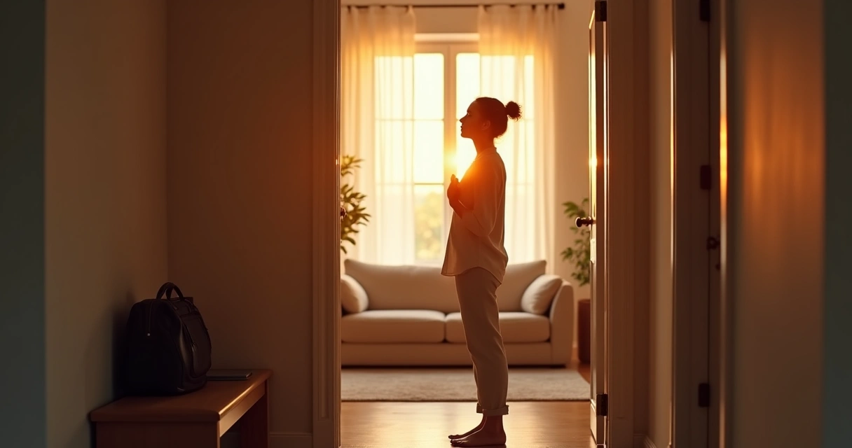 Person pausing to breathe mindfully between work and home 
