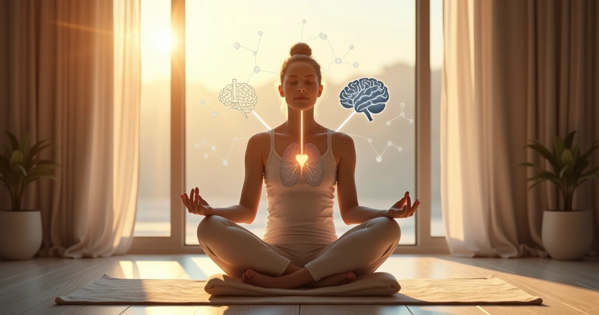 Person practicing mindful breathing with calm brain and heart illustration 