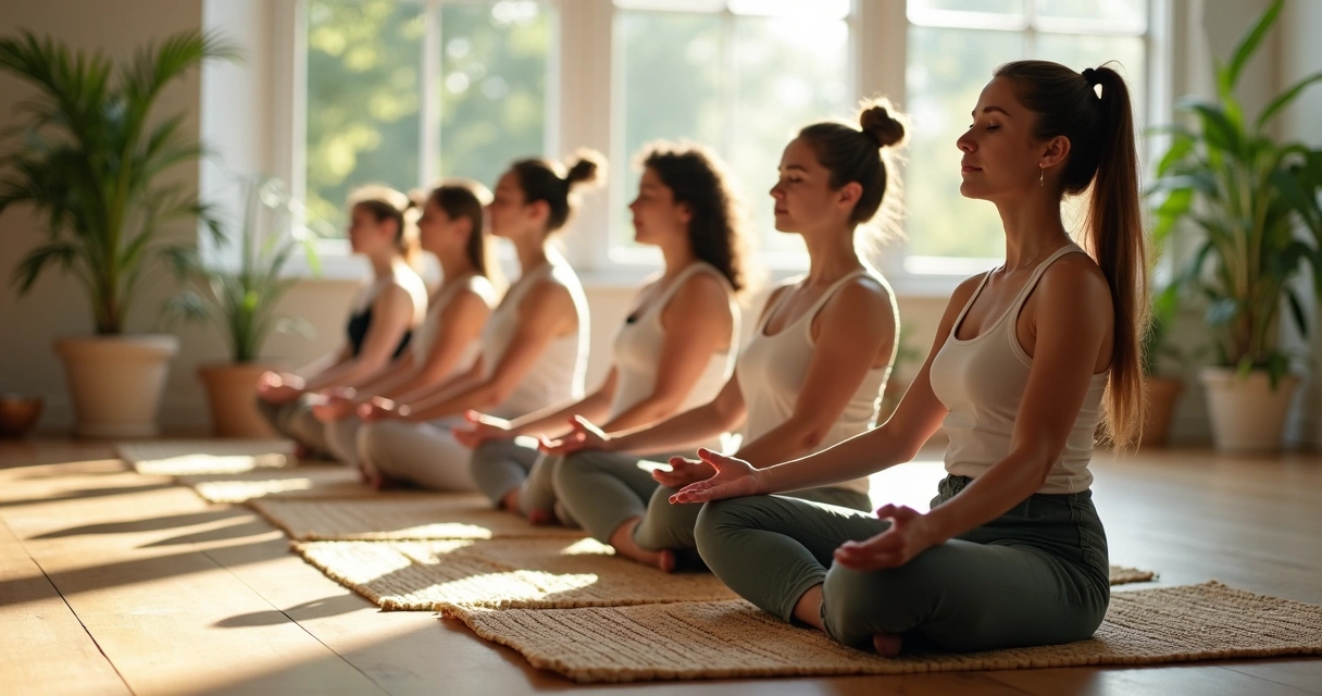 People practicing mindful breathing in a sunlit room, sitting on yoga mats, eyes closed, with gentle daylight streaming through large windows. 
